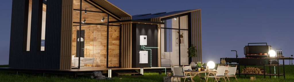 Sistema hibrido de energia solar com bateria instalado em casa moderna a noite