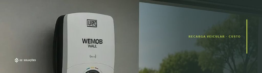 Estação de recarga WEMOB WALL da WEG instalada em parede, com o cabo ligado a um carro elétrico